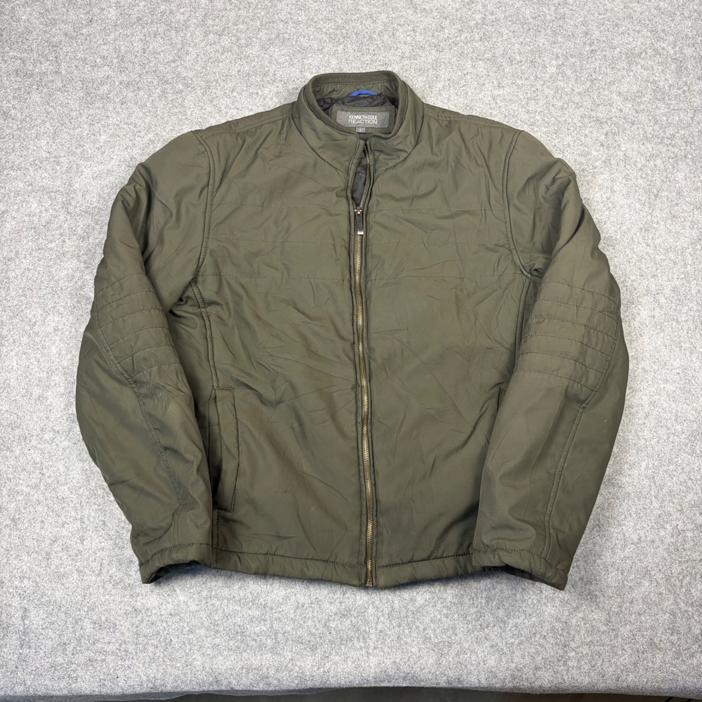 Kenneth Cole Reaction Mens Small Olive Green Quilted Puffer Moto Jacket Full Zip